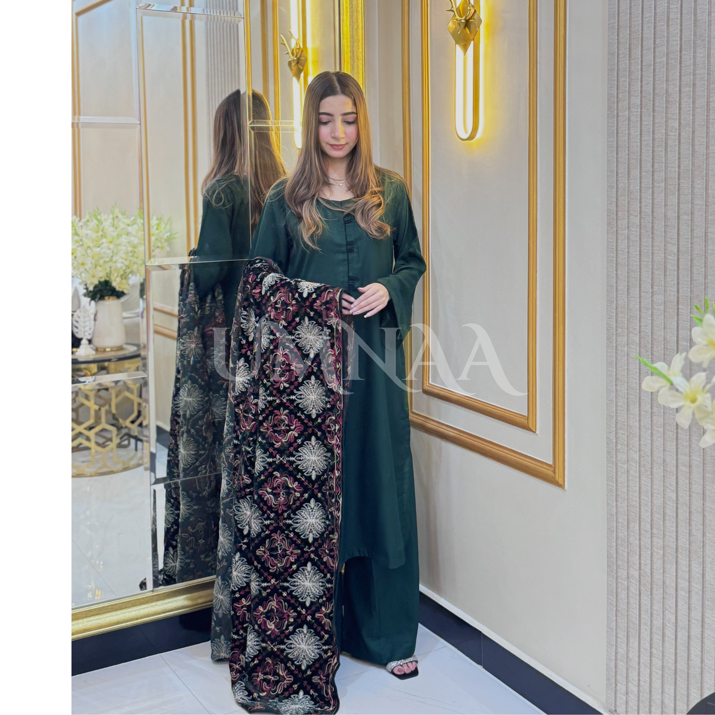 UA-32 Dhanak Dress Embroidered Velvet Shawl 3 Pc | Ready to wear | UMNAA
