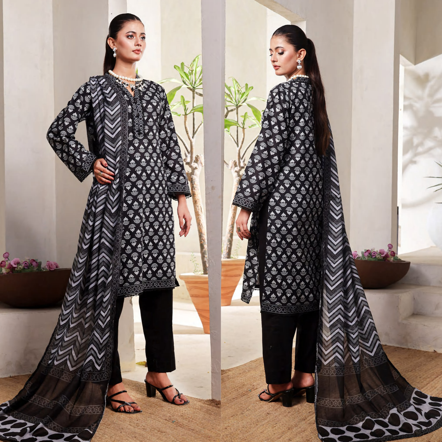 3 Pc Printed Lawn Monochrome Collection - Saphron