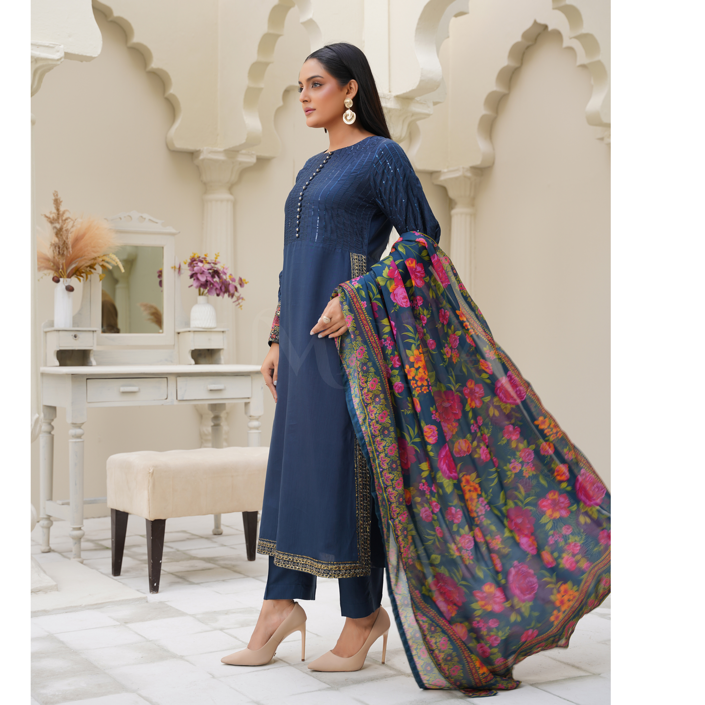 UA-27 Embroidered Viscose Dress & Chiffon Dupatta UMNAA