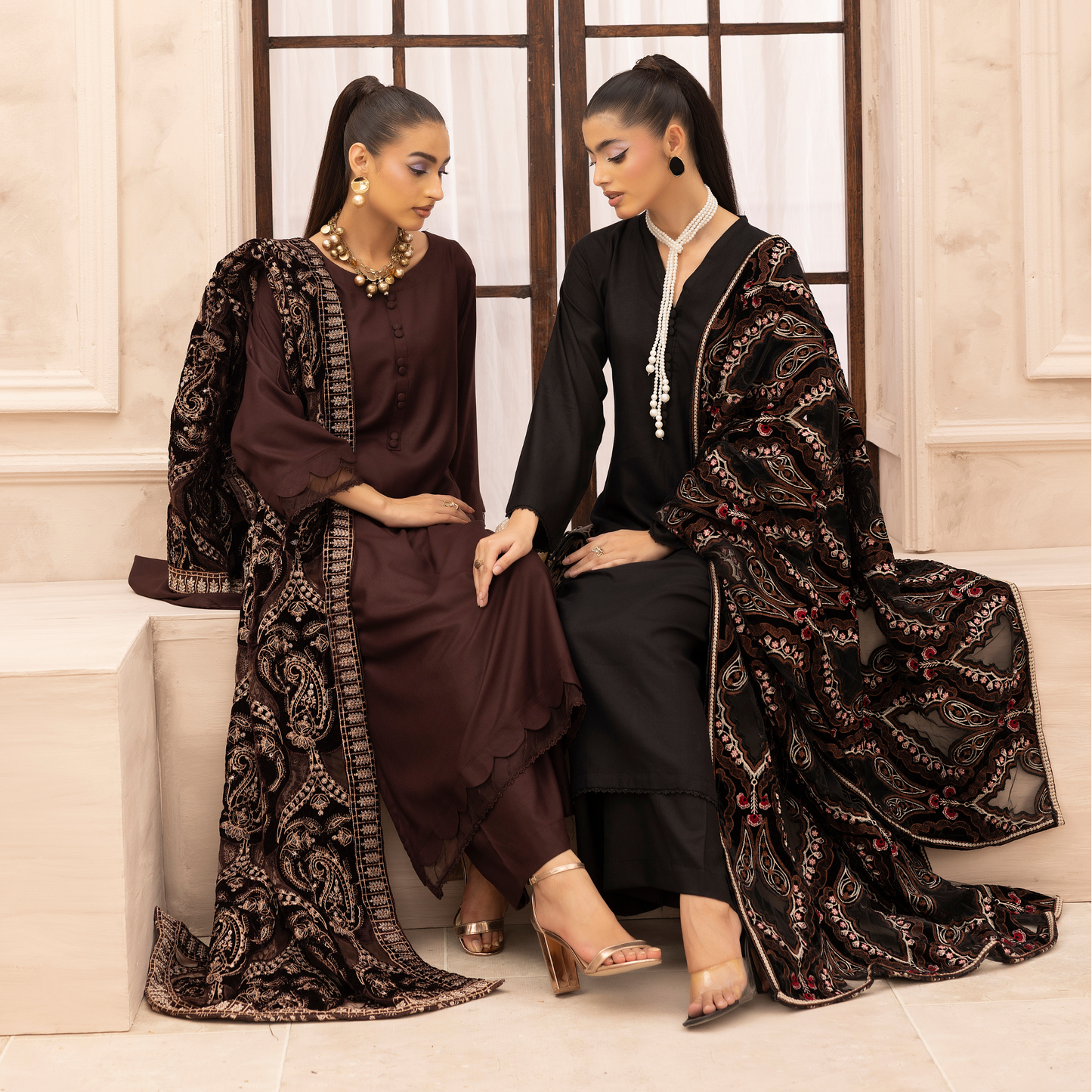 UMS-37 Hanna by Simrans Embroidered Dhanak Dress with Winter Laser Cut Shawl | Ready to Wear | Asian Clothes