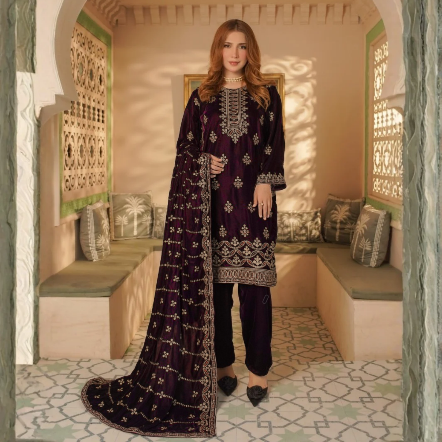 UA-127 Luxury Embroidered Velvet Collection Pakistani Festive Partywear Dress by Umnaa