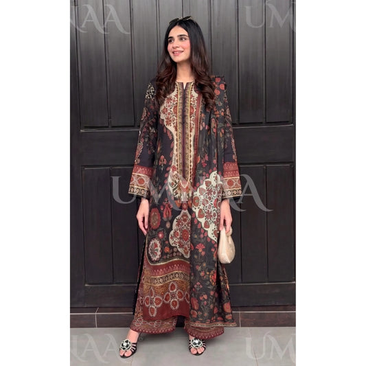 UA-228 Printed Lawn Long Kaftan Style 3 Piece Casual Summer Collection by Umnaa