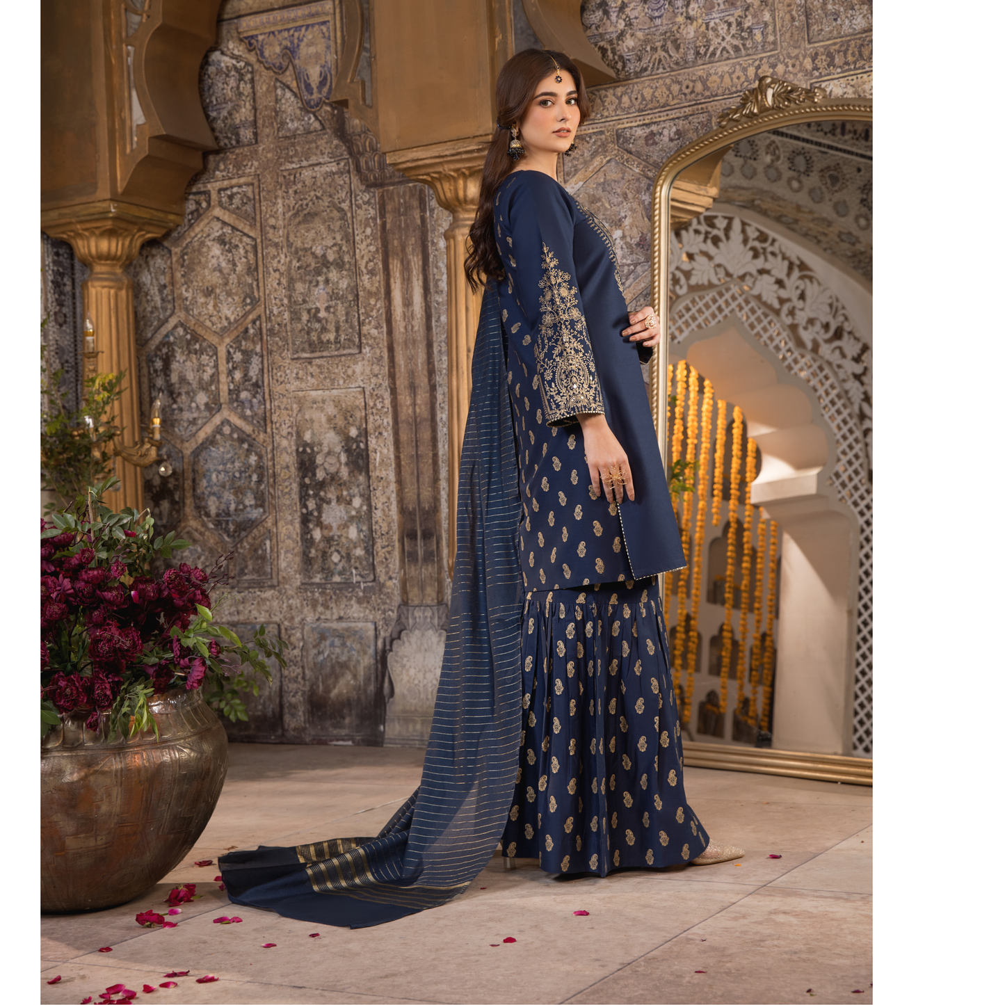 UHE-50 (Navy blue) 3 Pc Embroidered Cambric Cotton ready to wear Dress | Eid Wear | Heera's