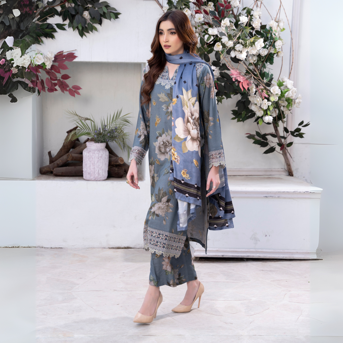 3 Pc Embroidered Printed Dress with Dhanak Wool Shawl | Winter Collection | Raniya.h | UMRAH0503