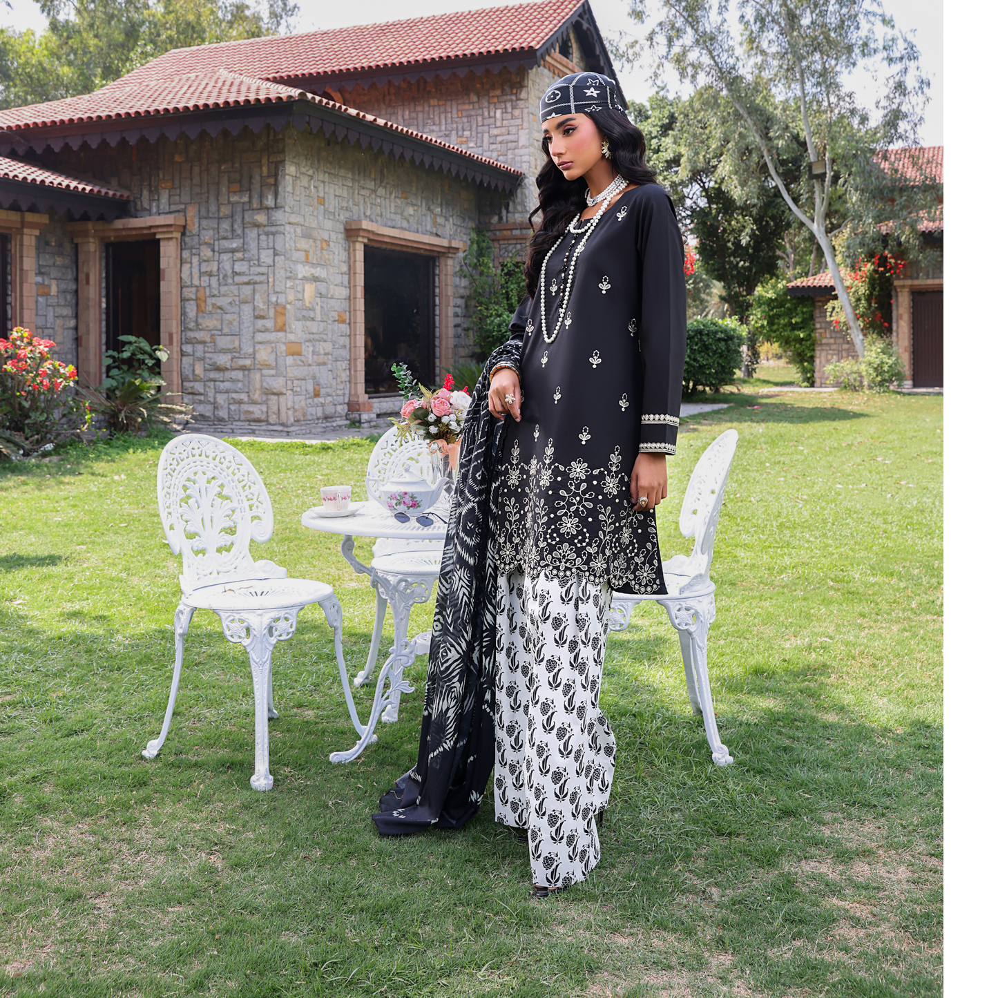 (Black & White) trendy Farshi Shalwar Embroidered Cambric Cotton Embroidered Dress | Ready to Wear | Heera's