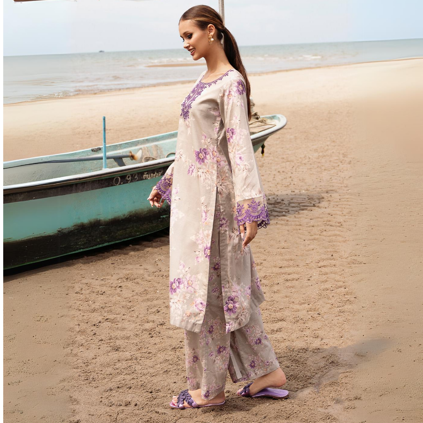 (Soft Amber) 2 Piece Embroiderd Digital Printed Winter Cambric Cotton Co-Ords Set | Esra Fashion