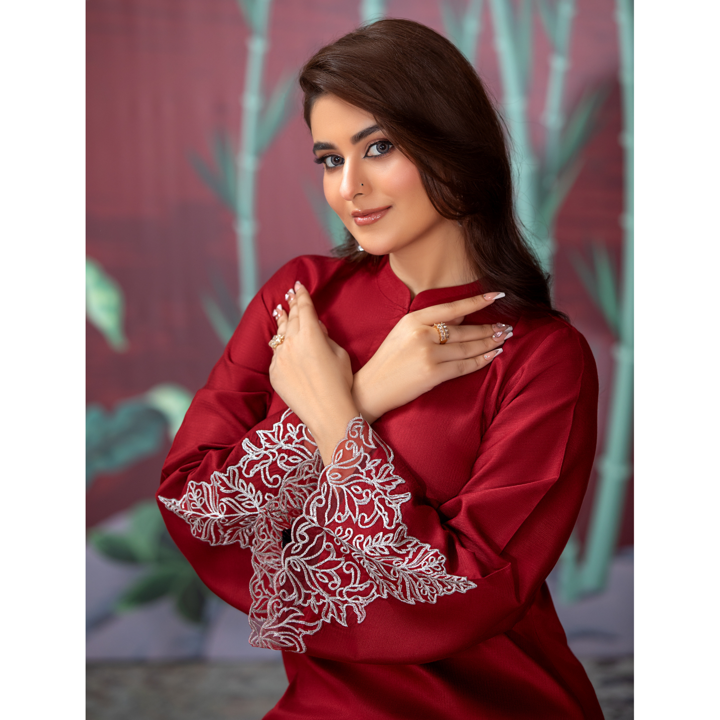 (Red) 3 Pc Embroidered Dhanak Pakistani Dress With Chiffon Dupatta | Winter Wear | Heera's