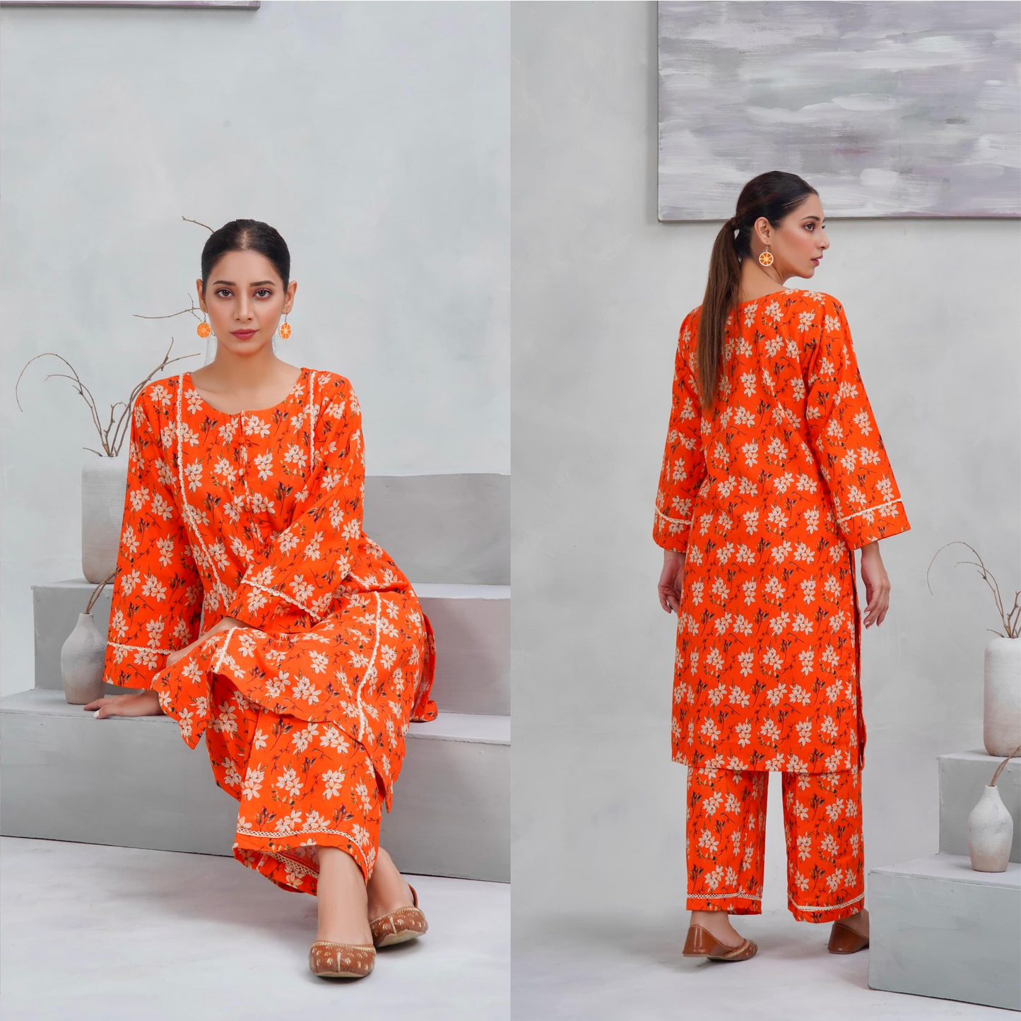 Burn Orange 2 Pc floral Printed Khaddar Pakistani Co-Ords Set | Ready to wear| Hayats