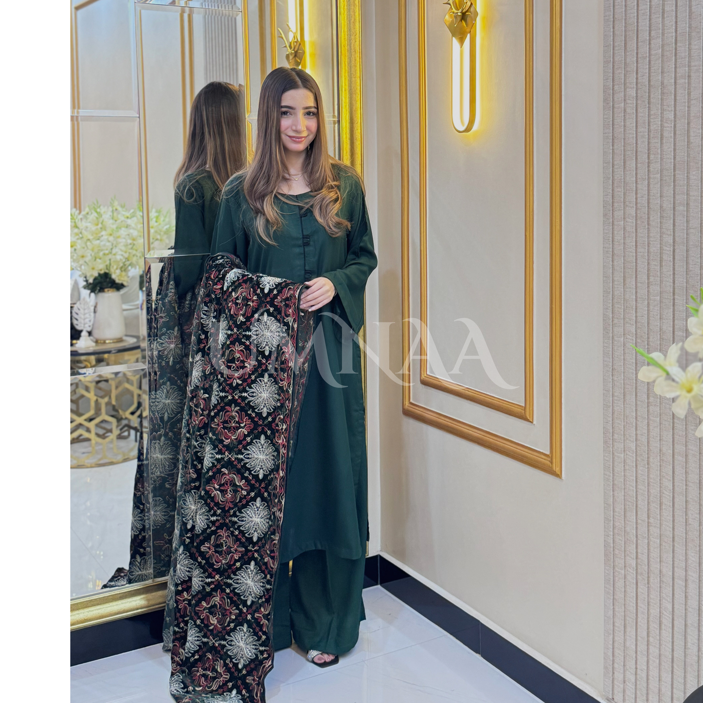 UA-32 Dhanak Dress Embroidered Velvet Shawl 3 Pc | Ready to wear | UMNAA