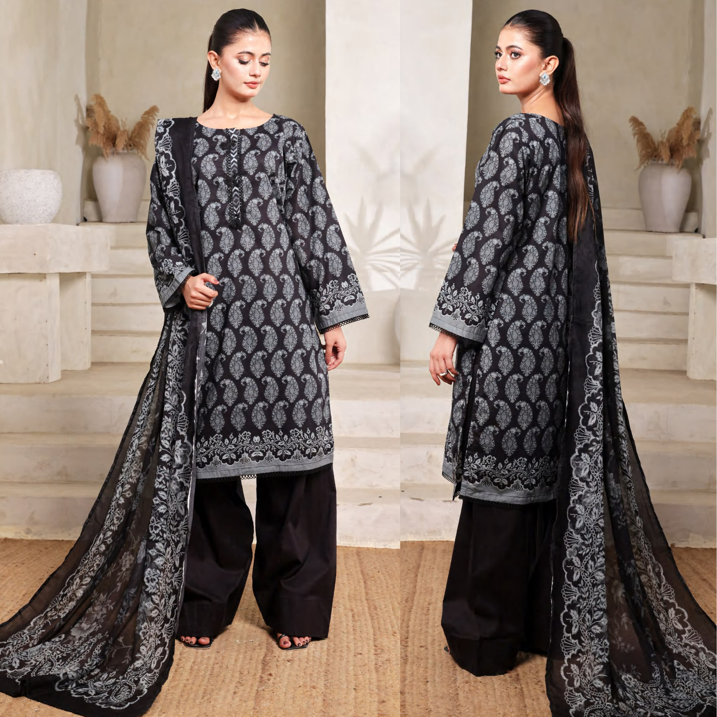 3 Pc Printed Lawn Monochrome Collection - Saphron