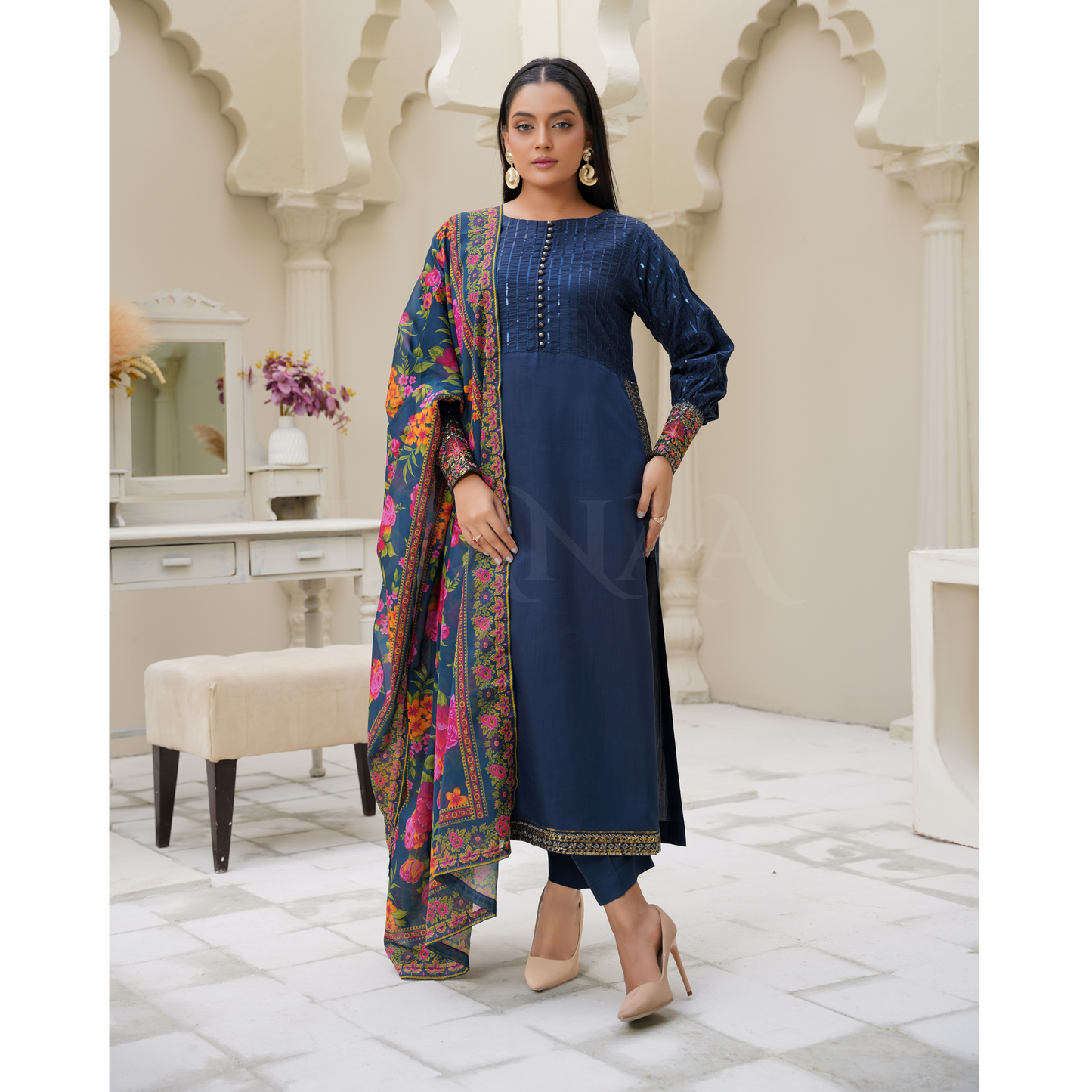 UA-27 Embroidered Viscose Dress & Chiffon Dupatta UMNAA