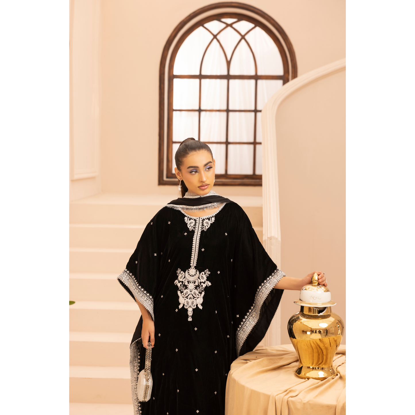 UMS-39 Zayna by Simrans Velvet Kaftan Embroidered 3 Pc Collection Asian Clothes | Modest Wear