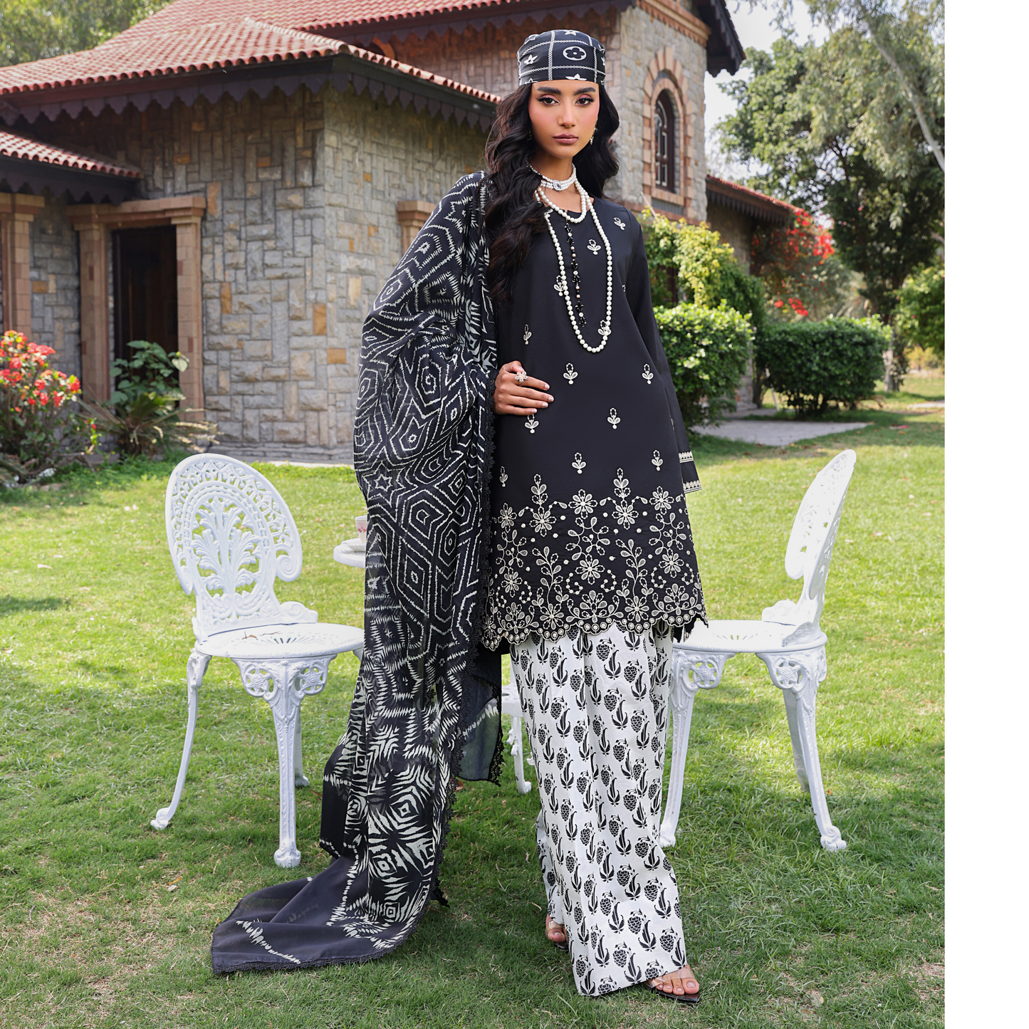 (Black & White) trendy Farshi Shalwar Embroidered Cambric Cotton Embroidered Dress | Ready to Wear | Heera's