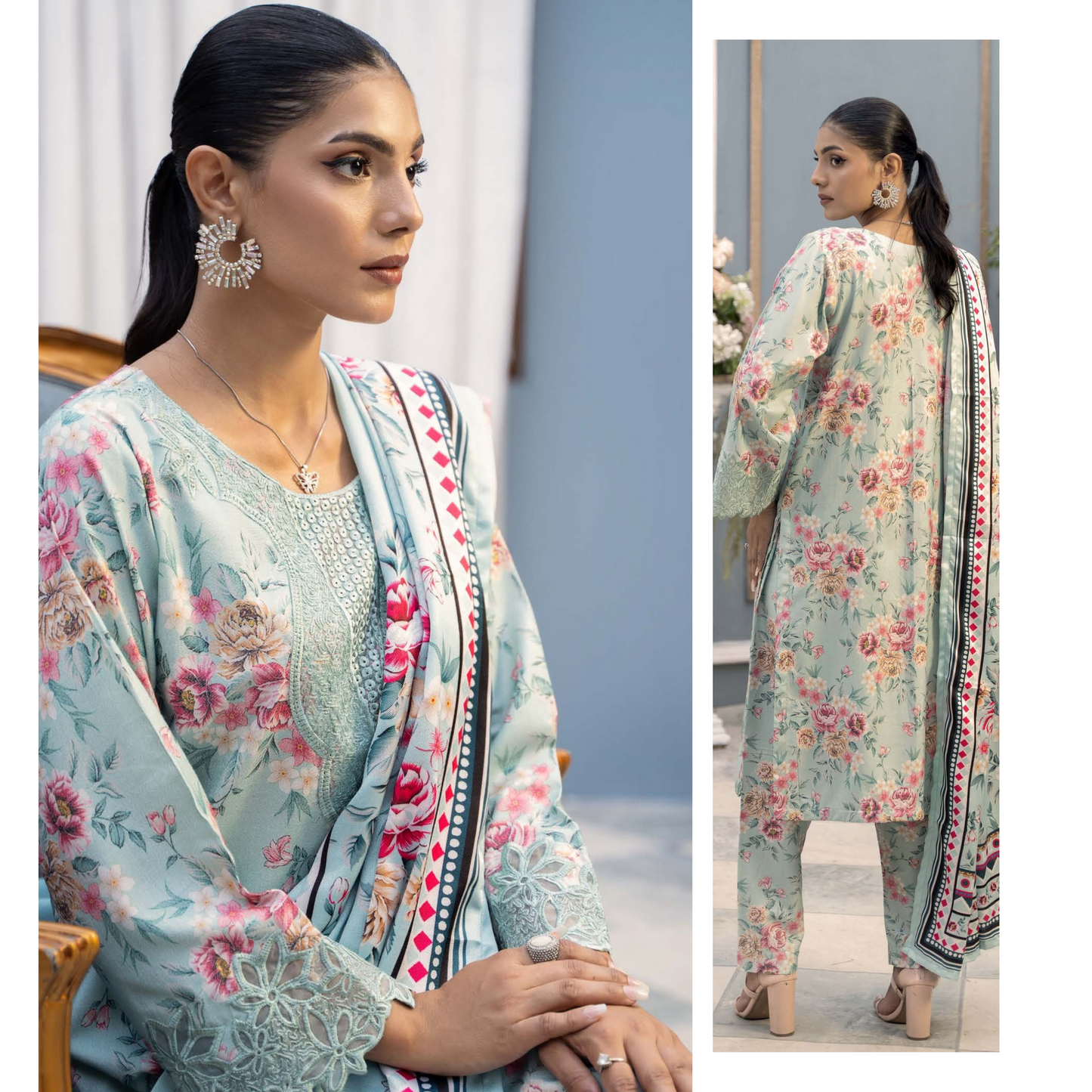 (Multi) Embroidered Printed Dhanak Dress with Dhanak Shawl | Winter Collection | Raniya.h