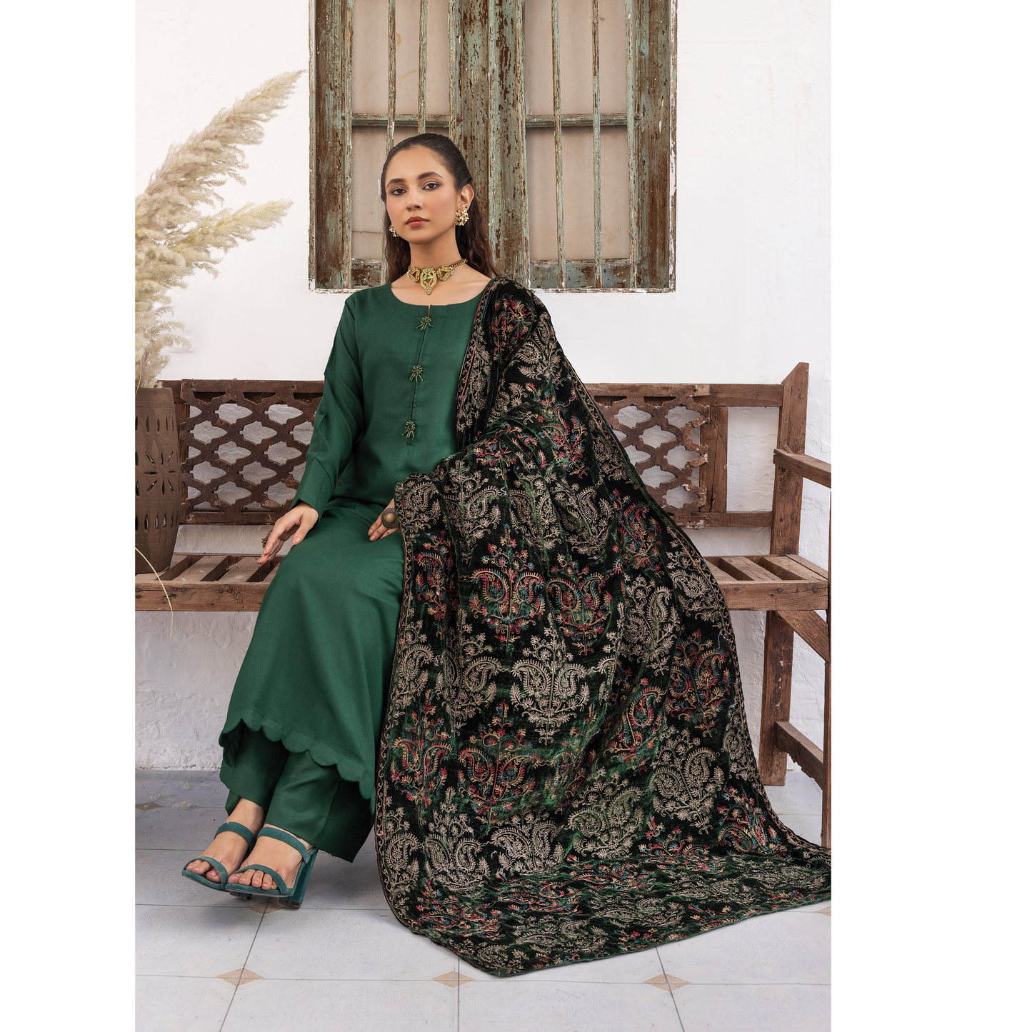 Dhanak Dress Heavily Embroidered Velvet Shawl 3 Pc Ready-to-wear by SIMRANS