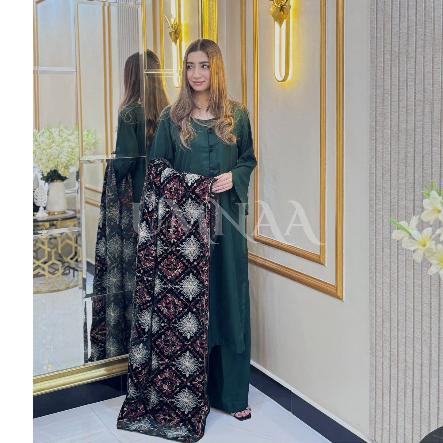 UA-32 Dhanak Dress Embroidered Velvet Shawl 3 Pc | Ready to wear | UMNAA