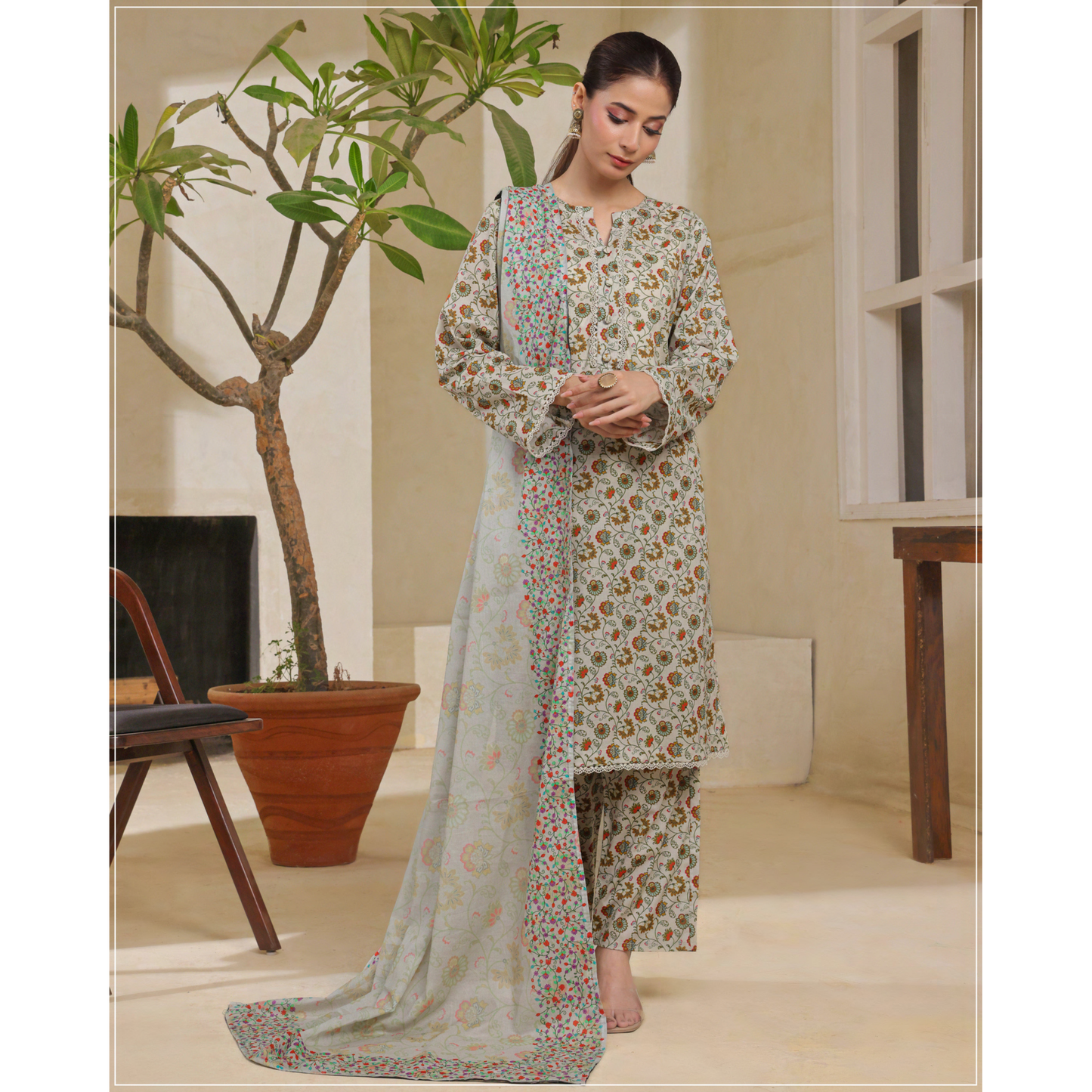 USN-14 Printed Lawn 3 Pc Dress | Ready to Wear | Saphron