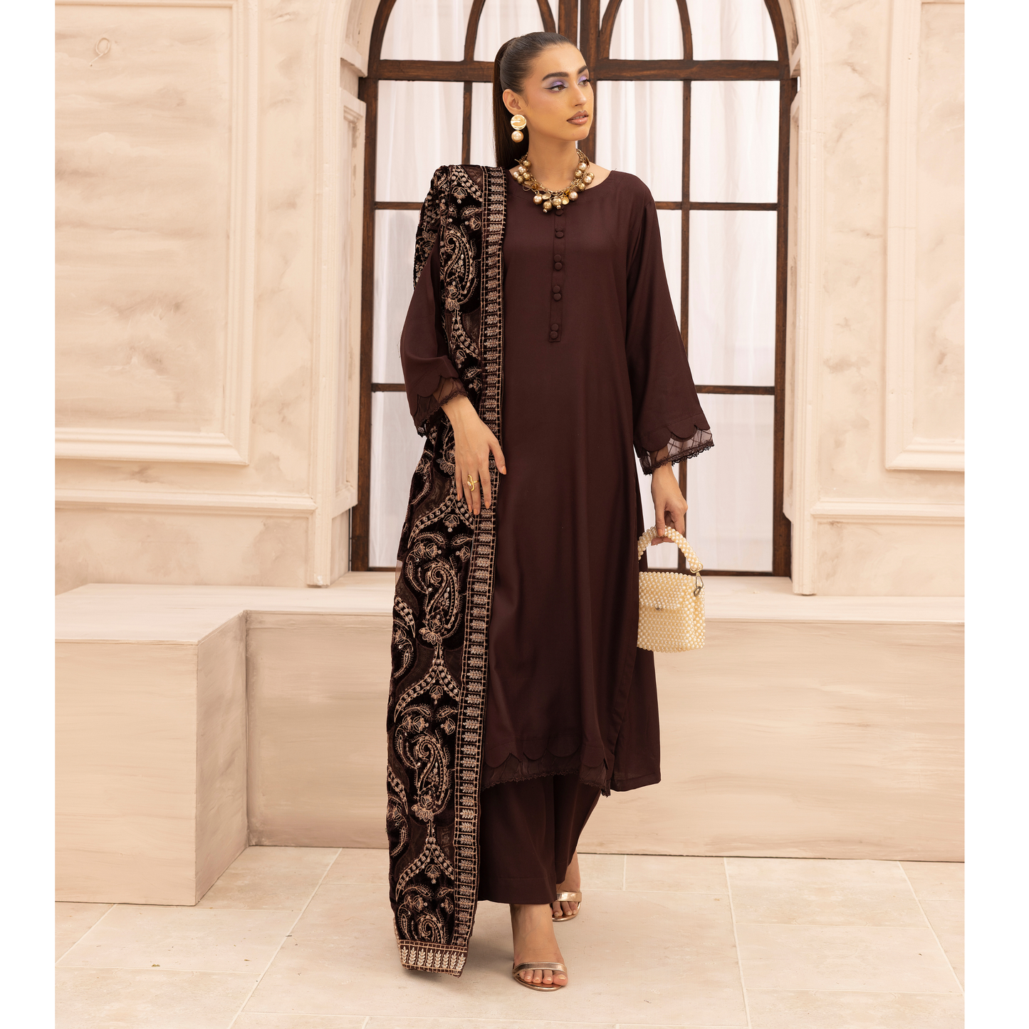 UMS-37 Hanna by Simrans Embroidered Dhanak Dress with Winter Laser Cut Shawl | Ready to Wear | Asian Clothes