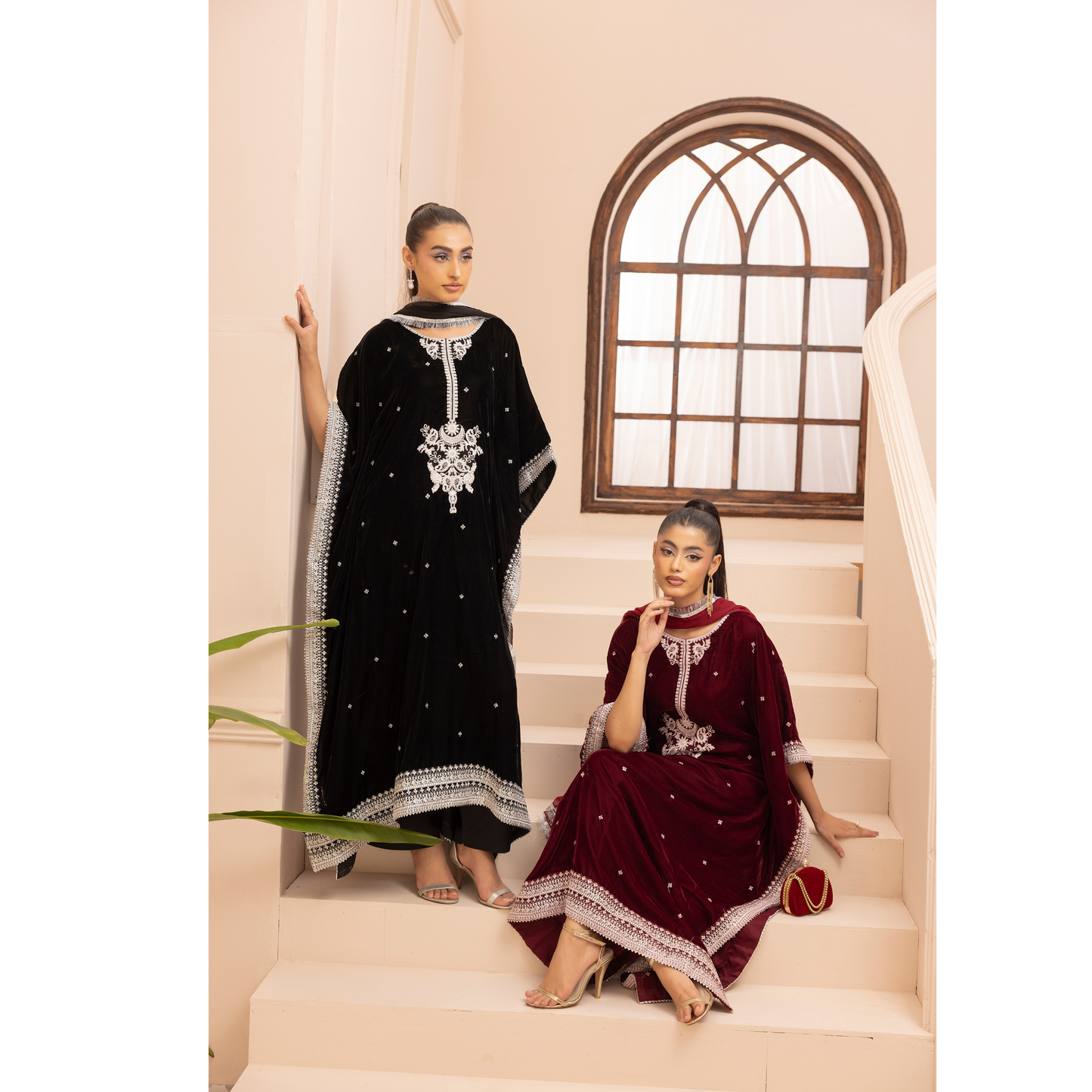 UMS-39 Zayna by Simrans Velvet Kaftan Embroidered 3 Pc Collection Asian Clothes | Modest Wear