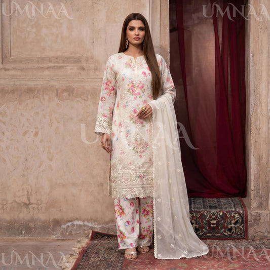 UA-205 Embroidered Chiffon 3-Piece with Printed Lining & Trouser