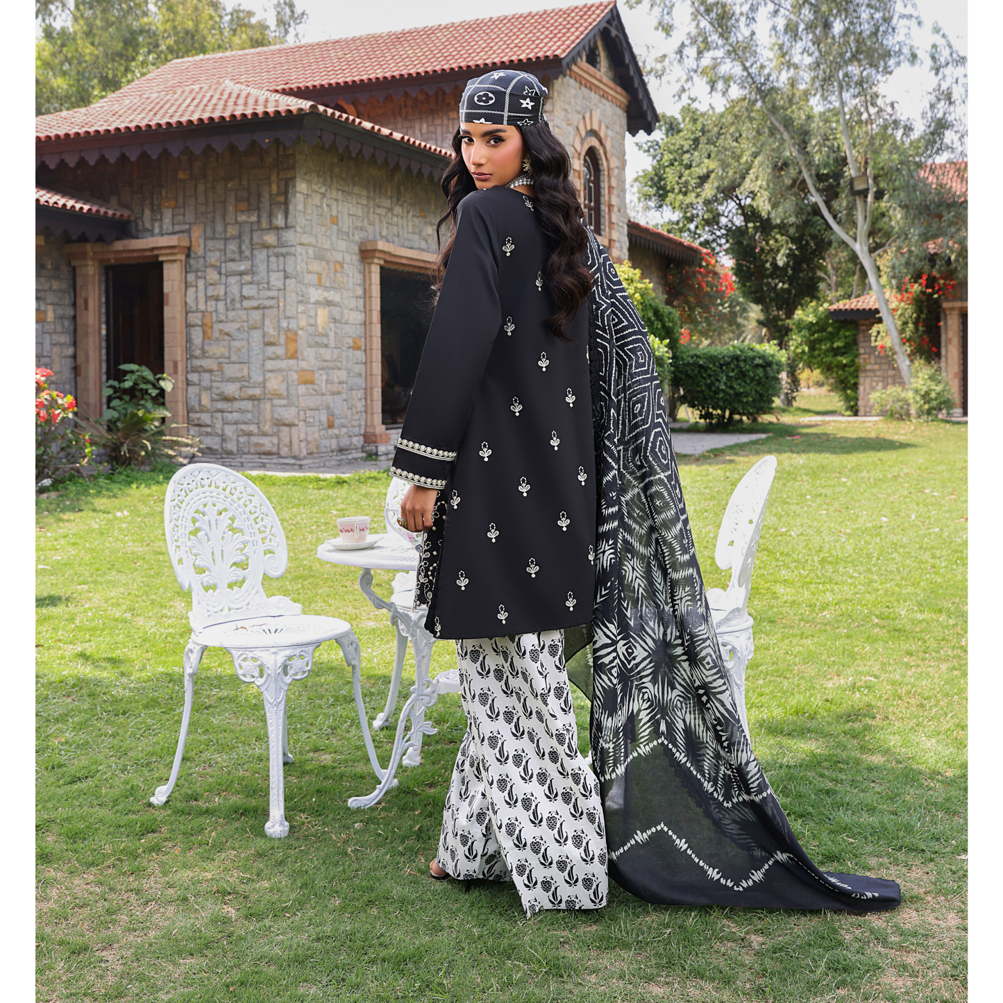 UHE-57 (Black & White) trendy Farshi Shalwar Embroidered Cambric Cotton Embroidered Dress | Ready to Wear | Heera's