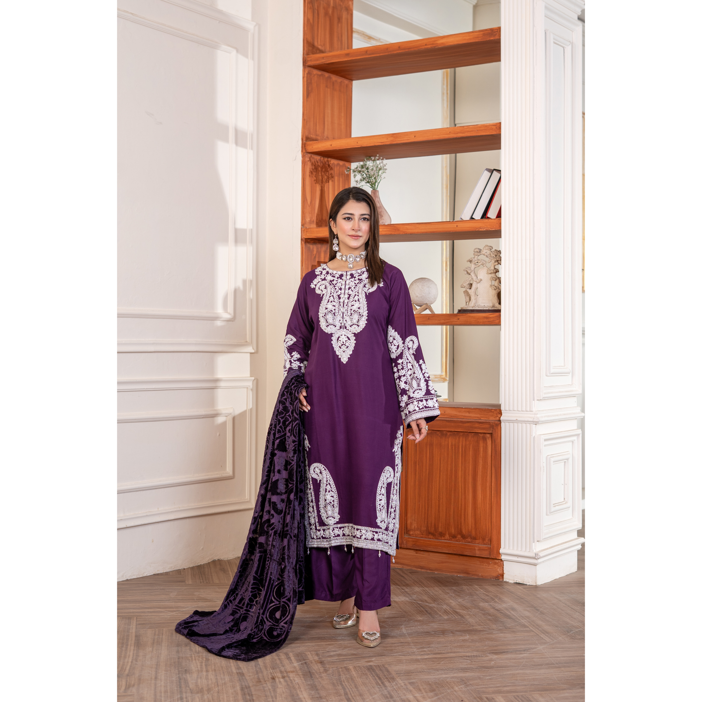 UA-130 Winter Linen dress with Velvet Shawl Collection by Umnaa