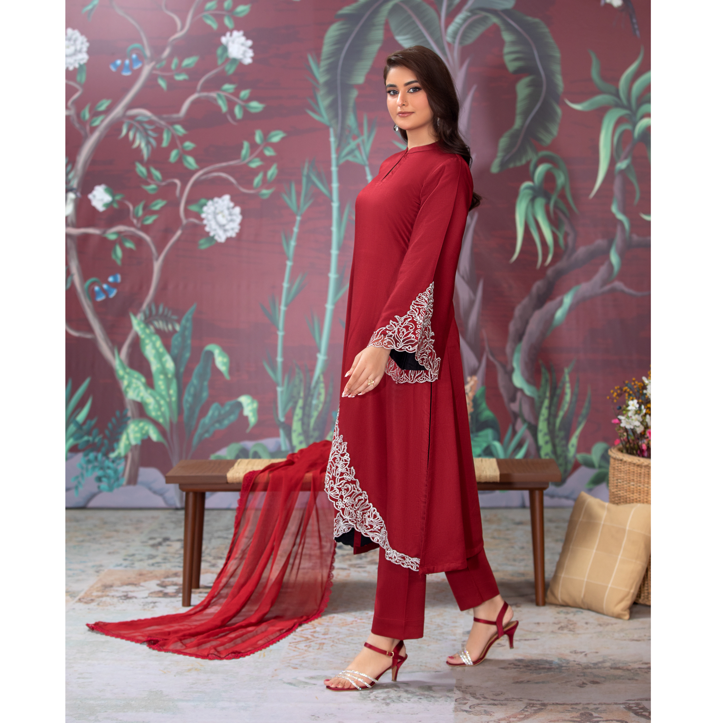 (Red) 3 Pc Embroidered Dhanak Pakistani Dress With Chiffon Dupatta | Winter Wear | Heera's