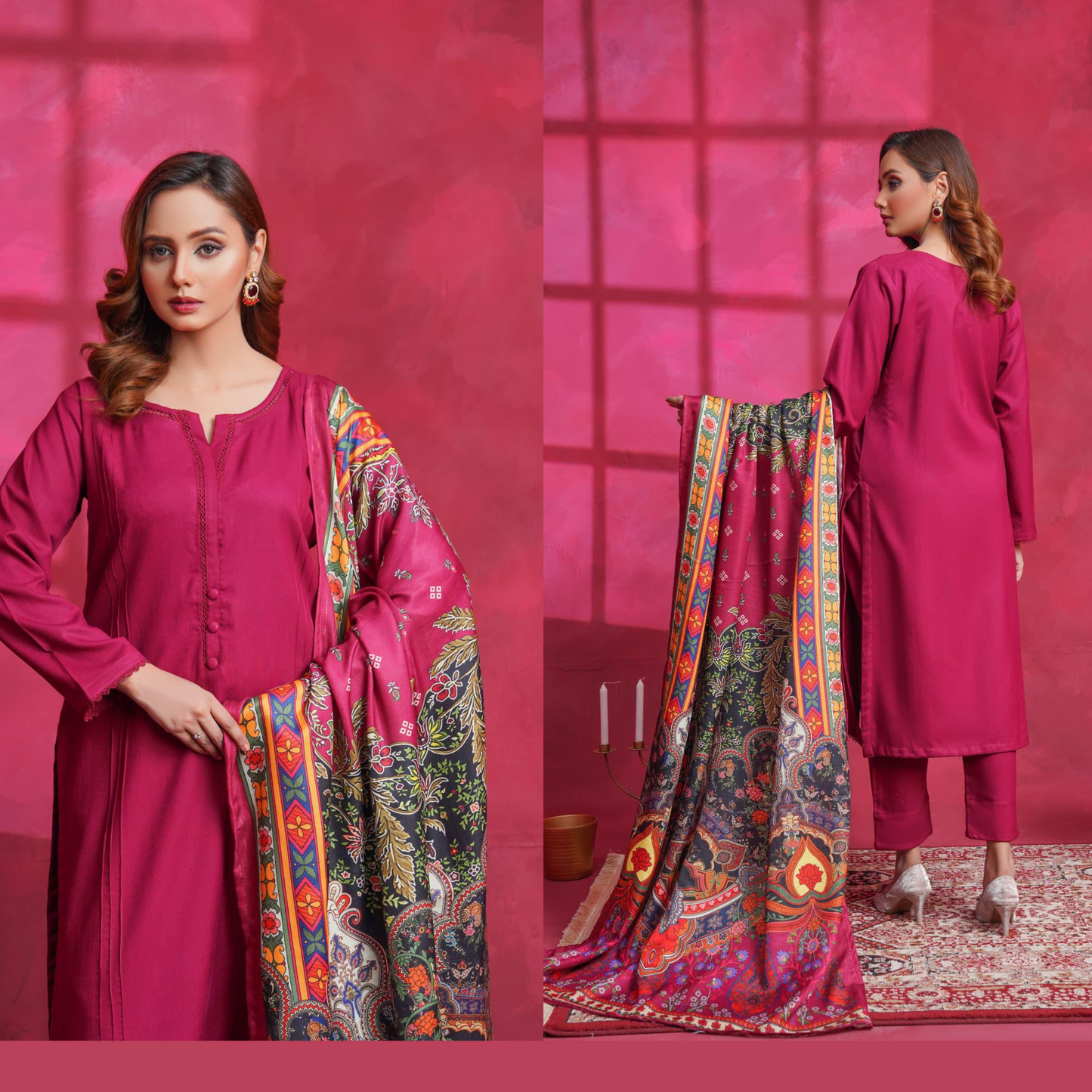 (Berry) Dhanak Dress with Wool Shawl |3 Pc| Winter Collection | Hayats