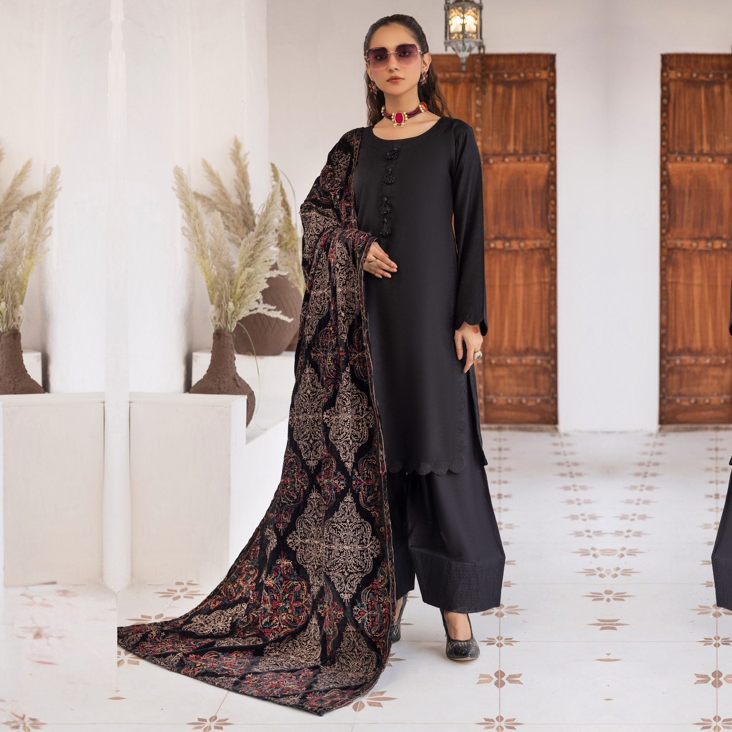 Dhanak Dress Heavily Embroidered Velvet Shawl 3 Pc Ready-to-wear by SIMRANS