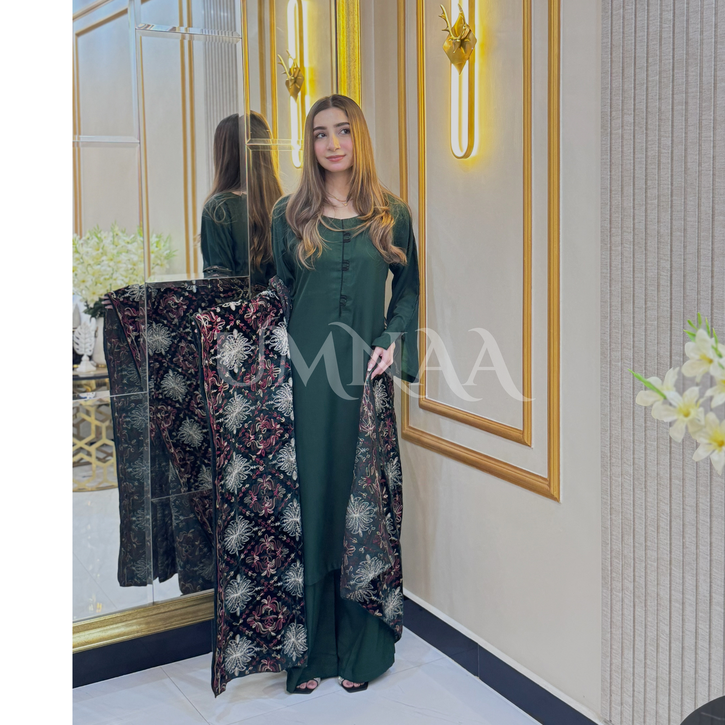 UA-32 Dhanak Dress Embroidered Velvet Shawl 3 Pc | Ready to wear | UMNAA
