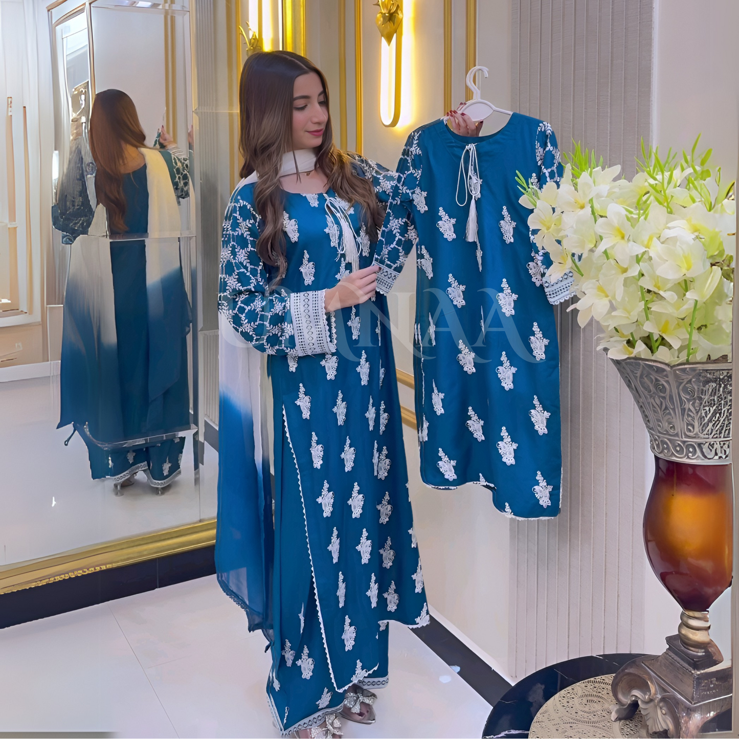 UA-57 3 Pc Luxury mother daughter Embroidered Linen Collection- Umnaa