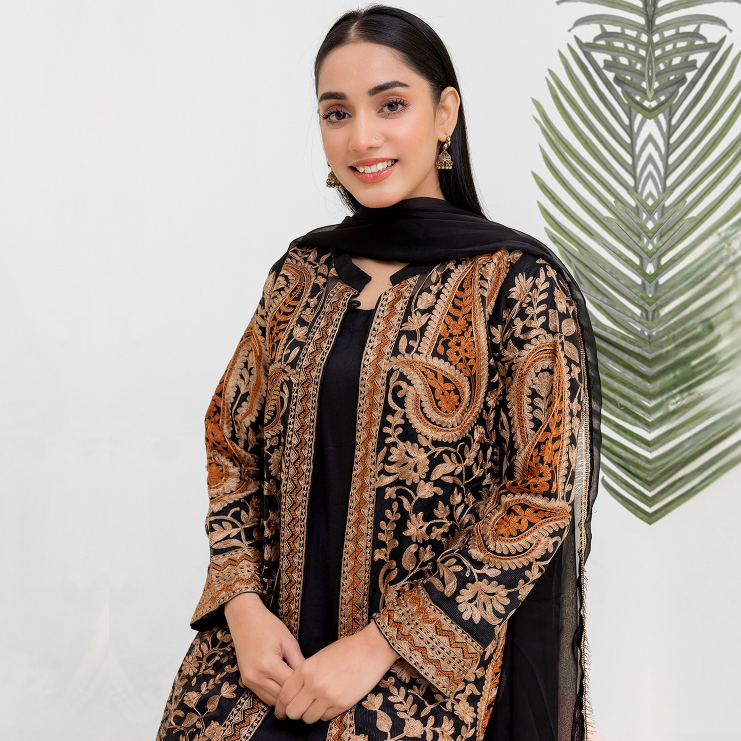 UMRZ-44 Embroidered Linen Coat Style Shirt with Pocket Trouser Dress and Chiffon Dupatta 3 Pc |Ready to Wear| Rangz