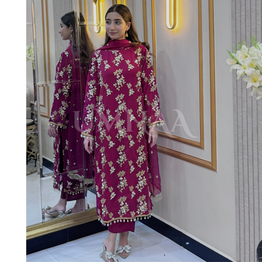 UA-26 3 Piece Embroidered Chiffon Party wear Pakistani Dress | Umnaa