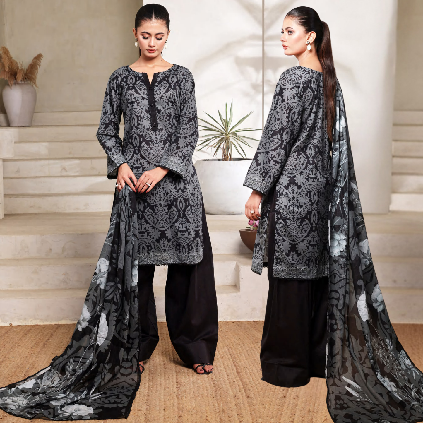 3 Pc Printed Lawn Monochrome Collection - Saphron