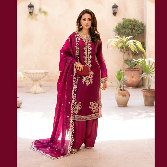 RA-36 Embroidered Sheesha Silk 3 Piece Suit | Premium Embroidered Silk Dress with Dupatta | Women's Party & Festive Wear