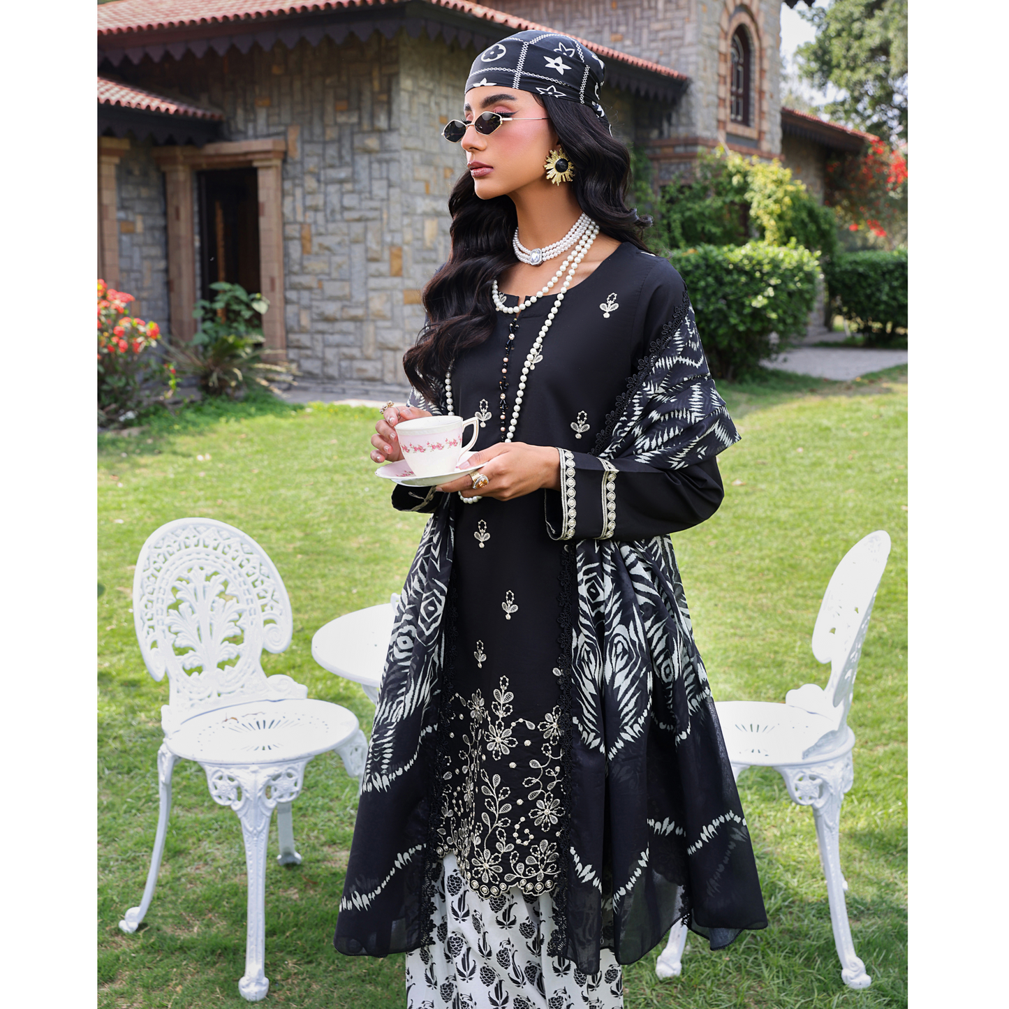 (Black & White) trendy Farshi Shalwar Embroidered Cambric Cotton Embroidered Dress | Ready to Wear | Heera's