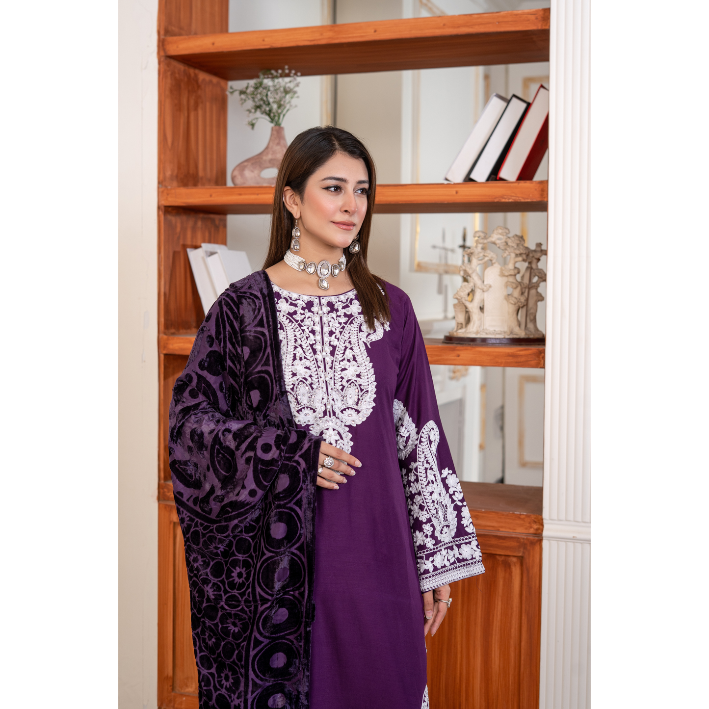 UA-130 Winter Linen dress with Velvet Shawl Collection by Umnaa