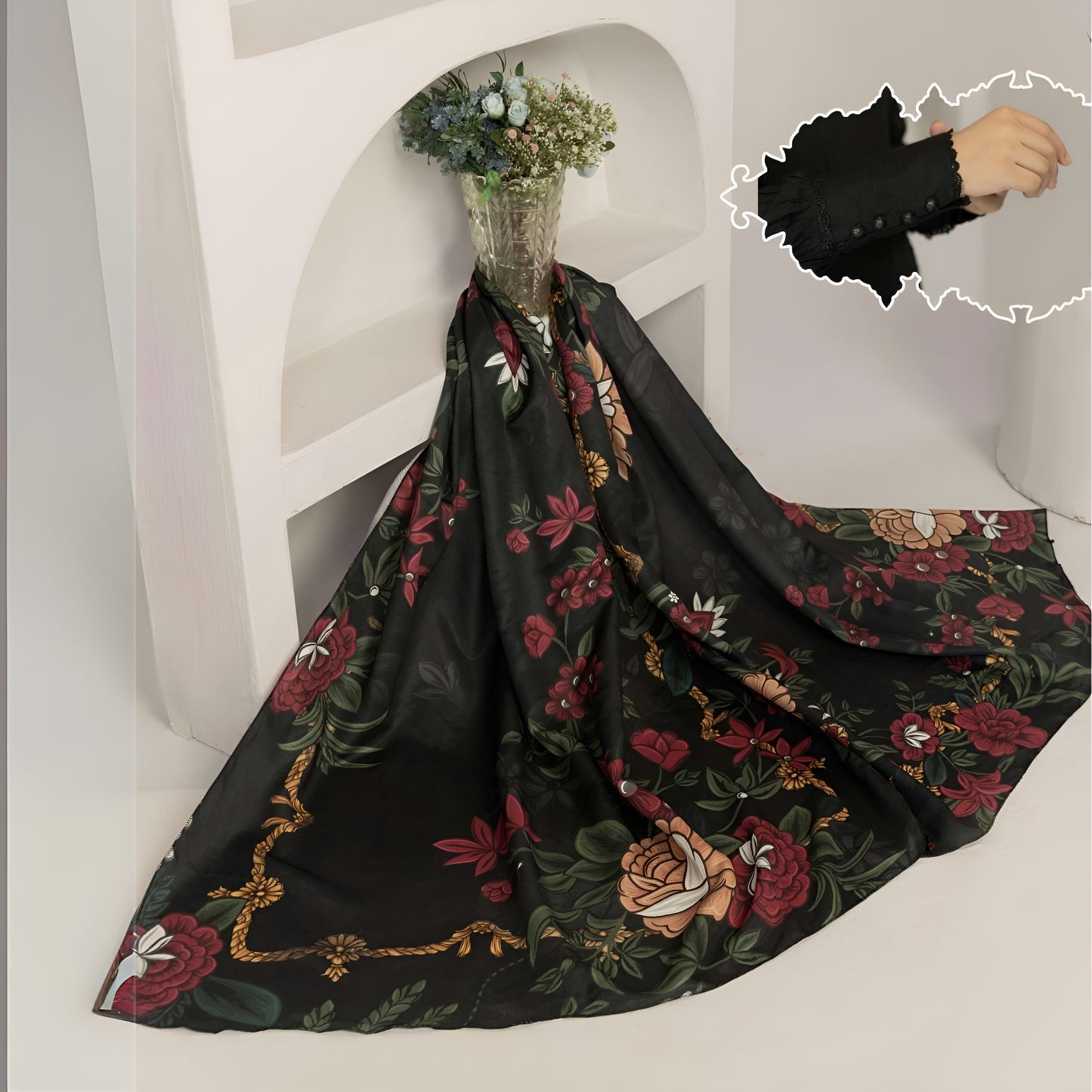 (Black) 3 Pc Linen Shirt & Trouser with Maria Wool Shawl | Winter Collection | SIMRANS