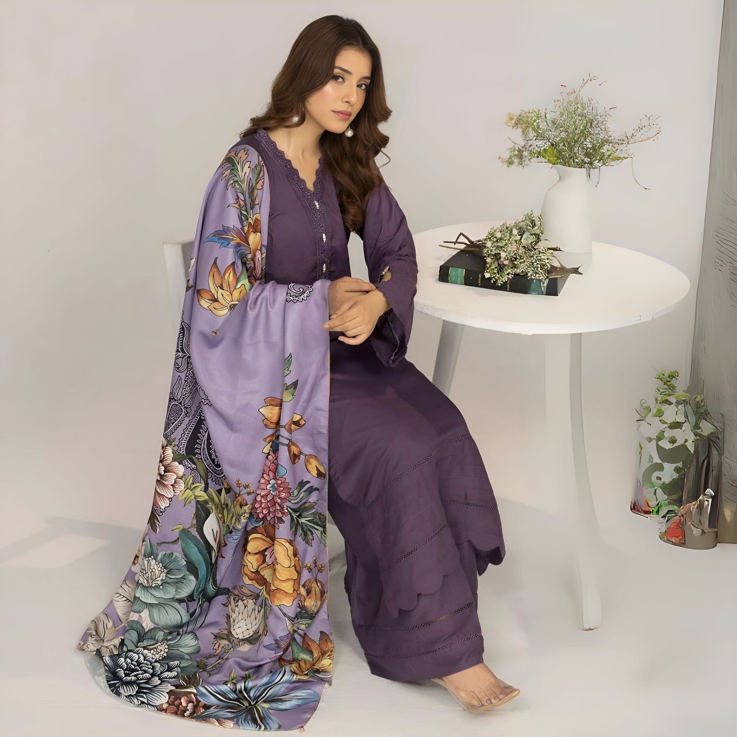 (Dull purple) 3 Pc Linen Shirt & Plazo with Maria Wool Shawl | Winter Collection | SIMRANS
