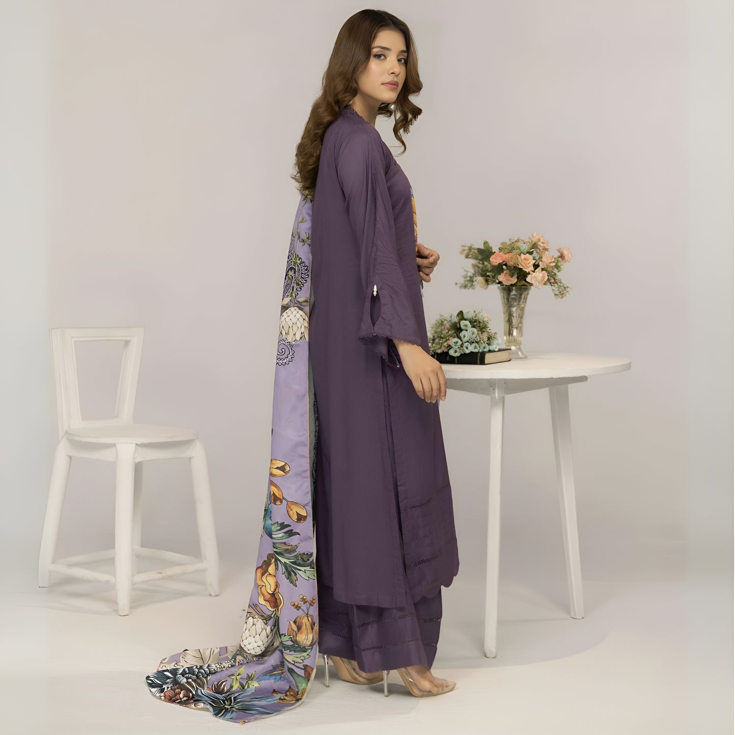 (Dull purple) 3 Pc Linen Shirt & Plazo with Maria Wool Shawl | Winter Collection | SIMRANS