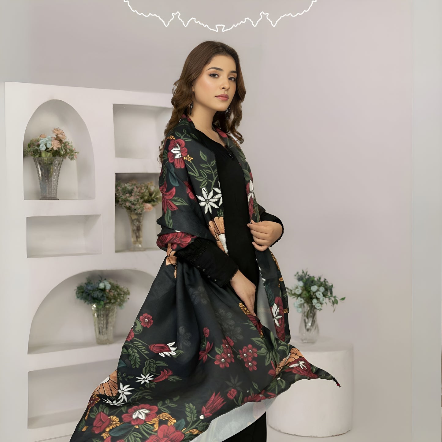 (Black) 3 Pc Linen Shirt & Trouser with Maria Wool Shawl | Winter Collection | SIMRANS