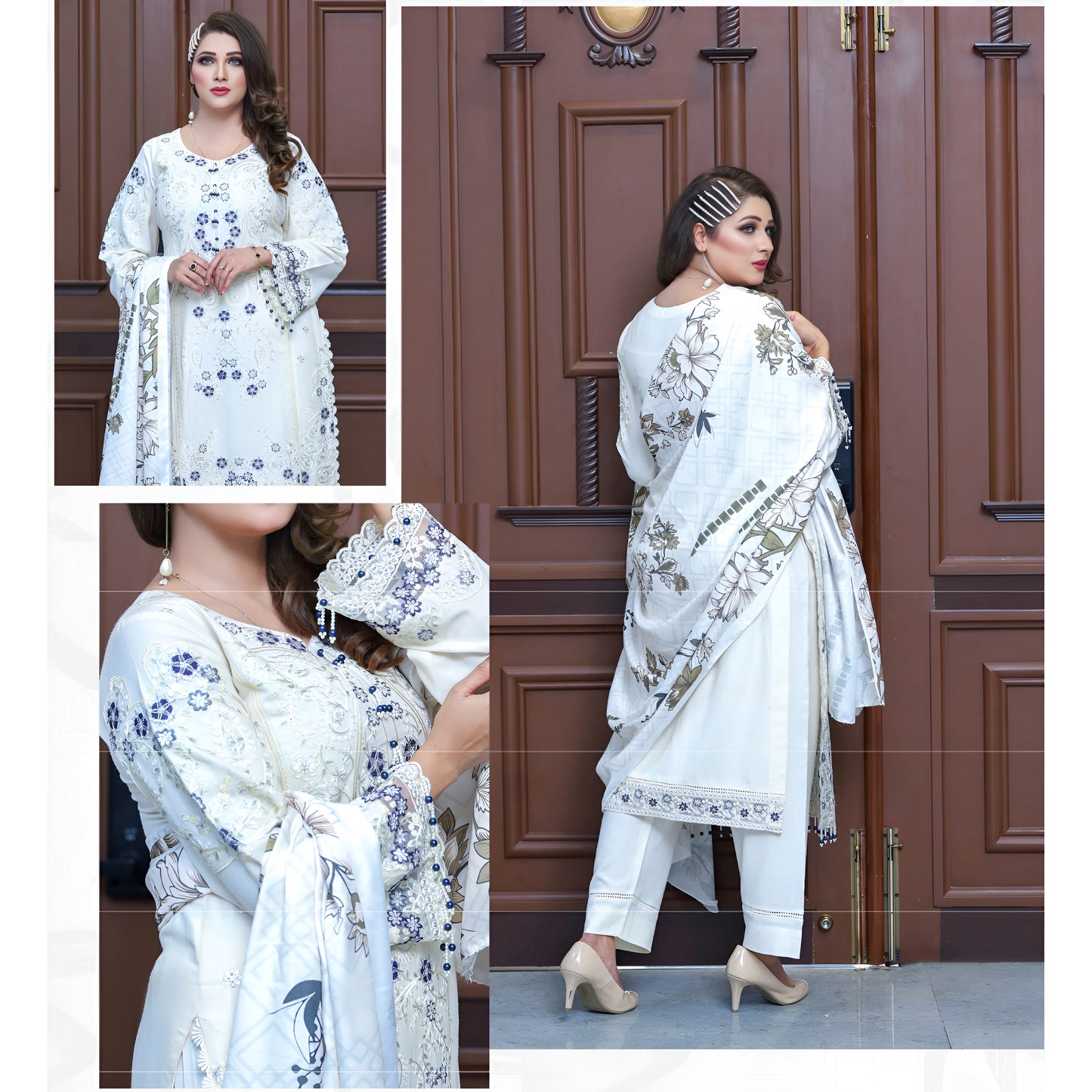 (White) 3 Pc Embroidered Dhanak Dress with wool Shawl | Winter Collection | UB