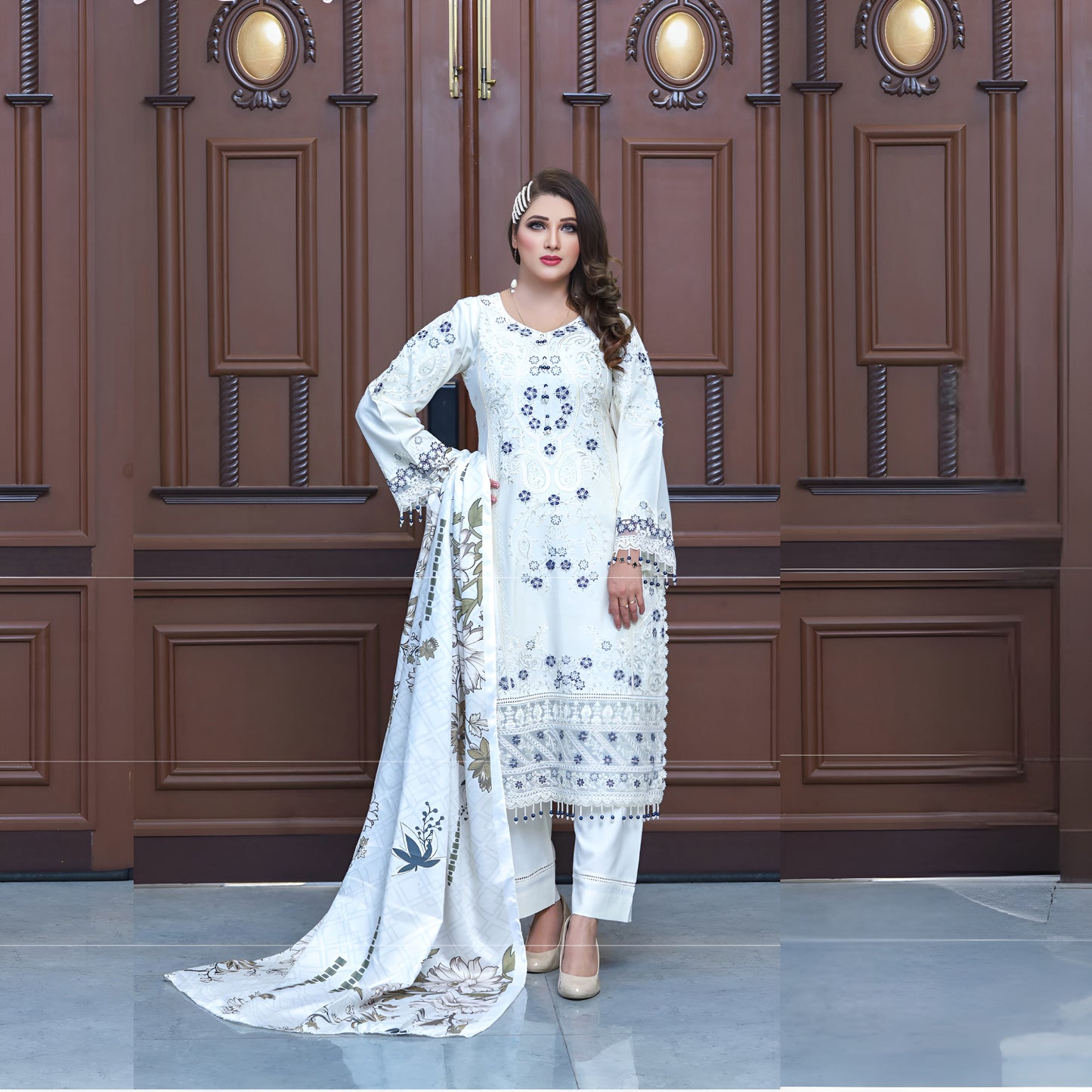 (White) 3 Pc Embroidered Dhanak Dress with wool Shawl | Winter Collection | UB
