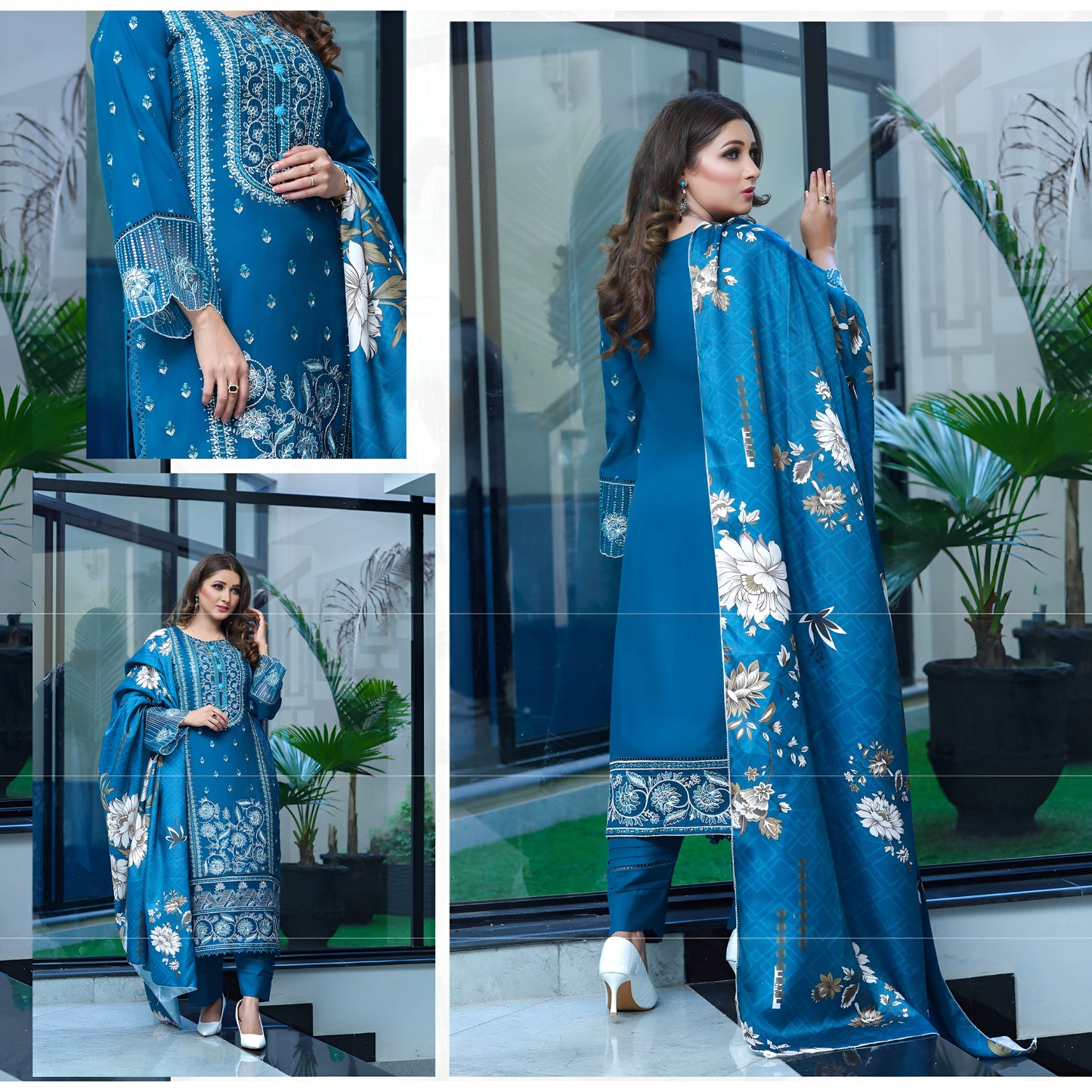 (Blue) 3 Pc Embroidered Dhanak Dress with wool Shawl | Winter Collection | UB