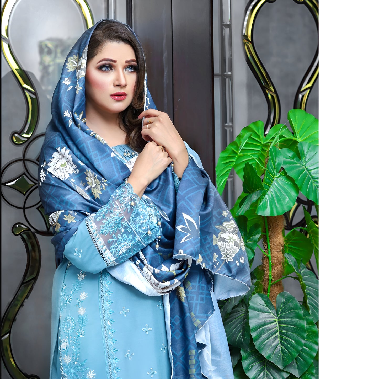 (Jeans Blue) 3 Pc Embroidered Dhanak Dress with wool Shawl | Winter Collection | UB
