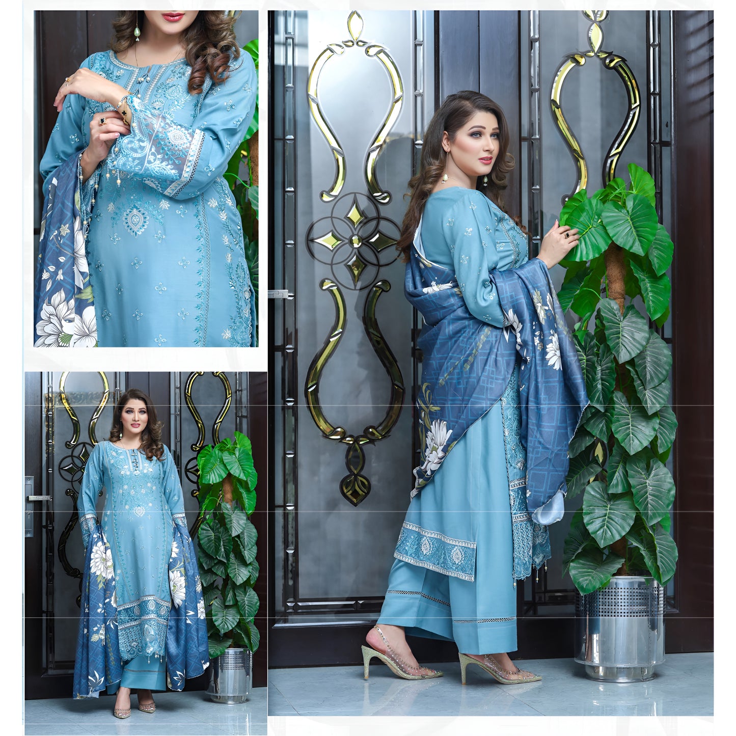(Jeans Blue) 3 Pc Embroidered Dhanak Dress with wool Shawl | Winter Collection | UB