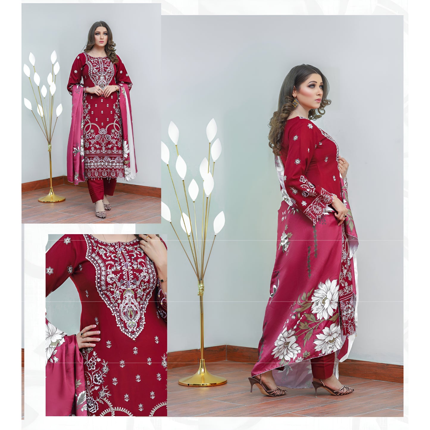 (Red) 3 Pc Embroidered Dhanak Dress with wool Shawl | Winter Collection | UB