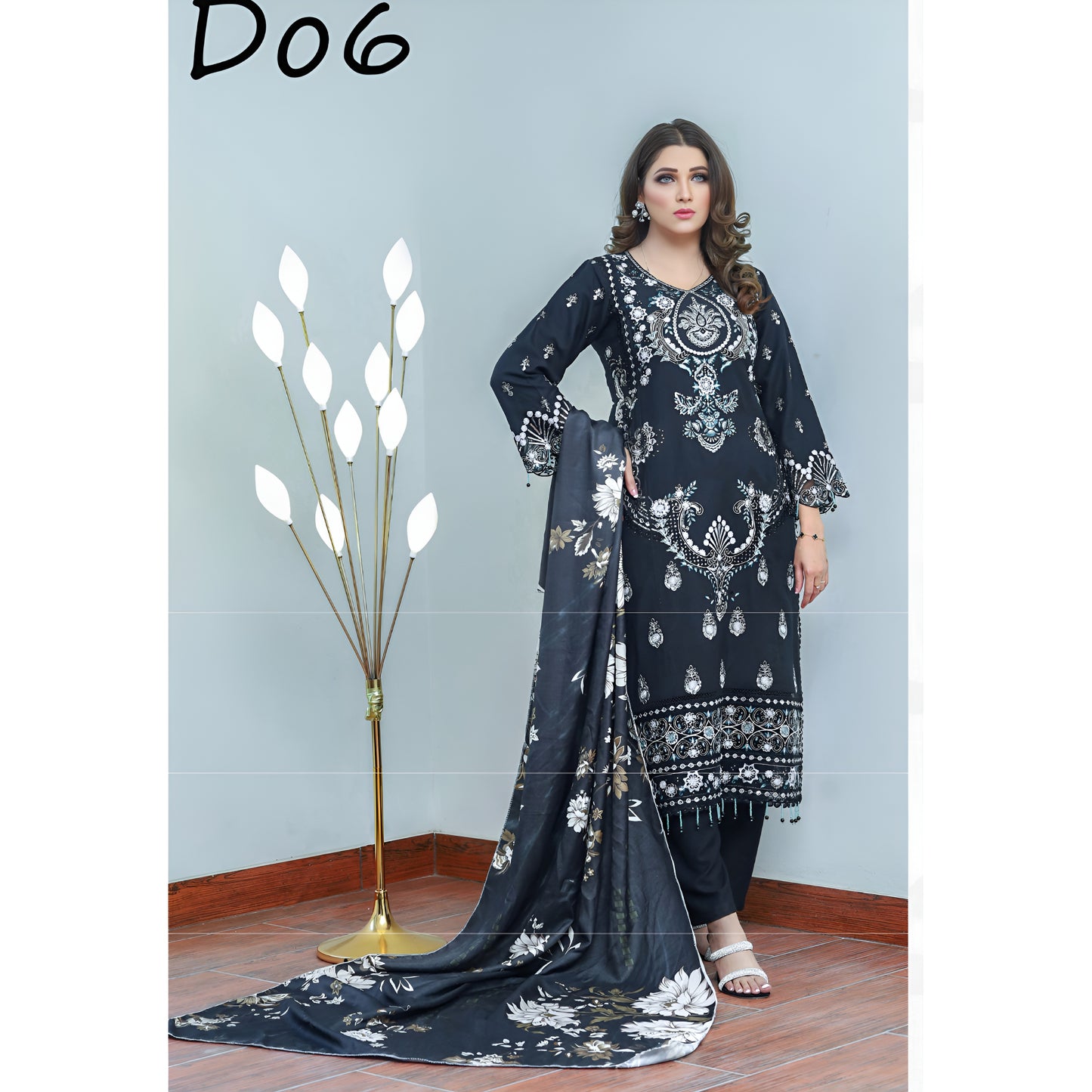 (Black) 3 Pc Embroidered Dhanak Dress with wool Shawl | Winter Collection | UB