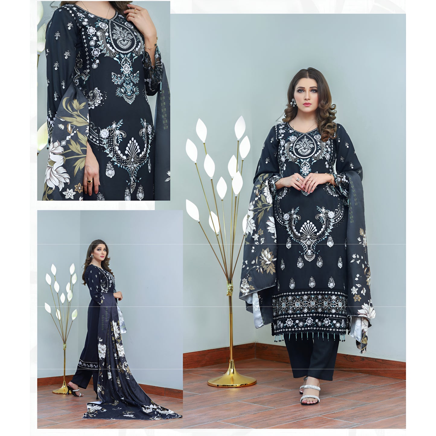 (Black) 3 Pc Embroidered Dhanak Dress with wool Shawl | Winter Collection | UB