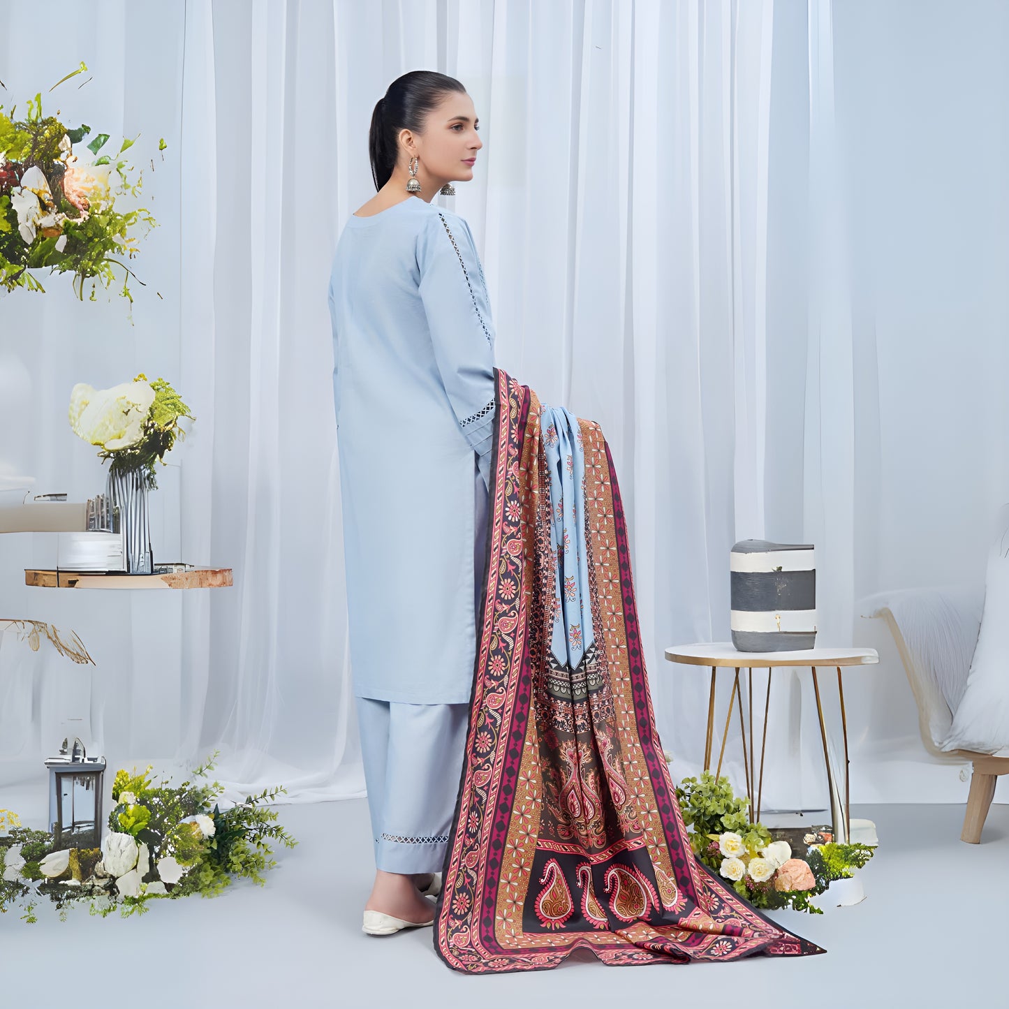 (Sky blue) Khaddar Dress with Shawl |3 Pc| Winter Collection | Hayats